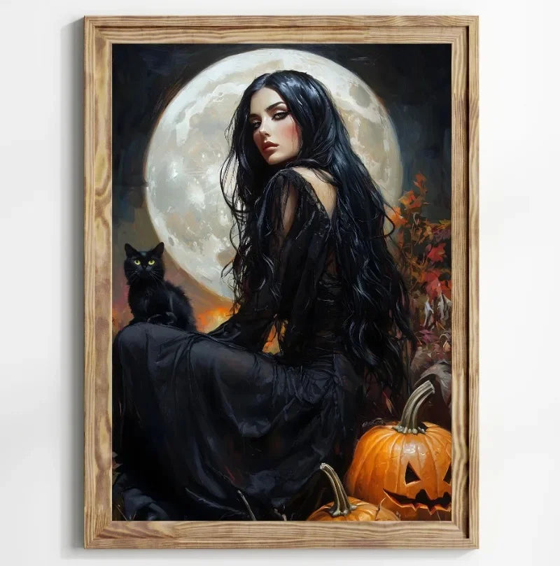 Halloween Witch Black Cat Pumpkin Full Moon Canvas Wall Art