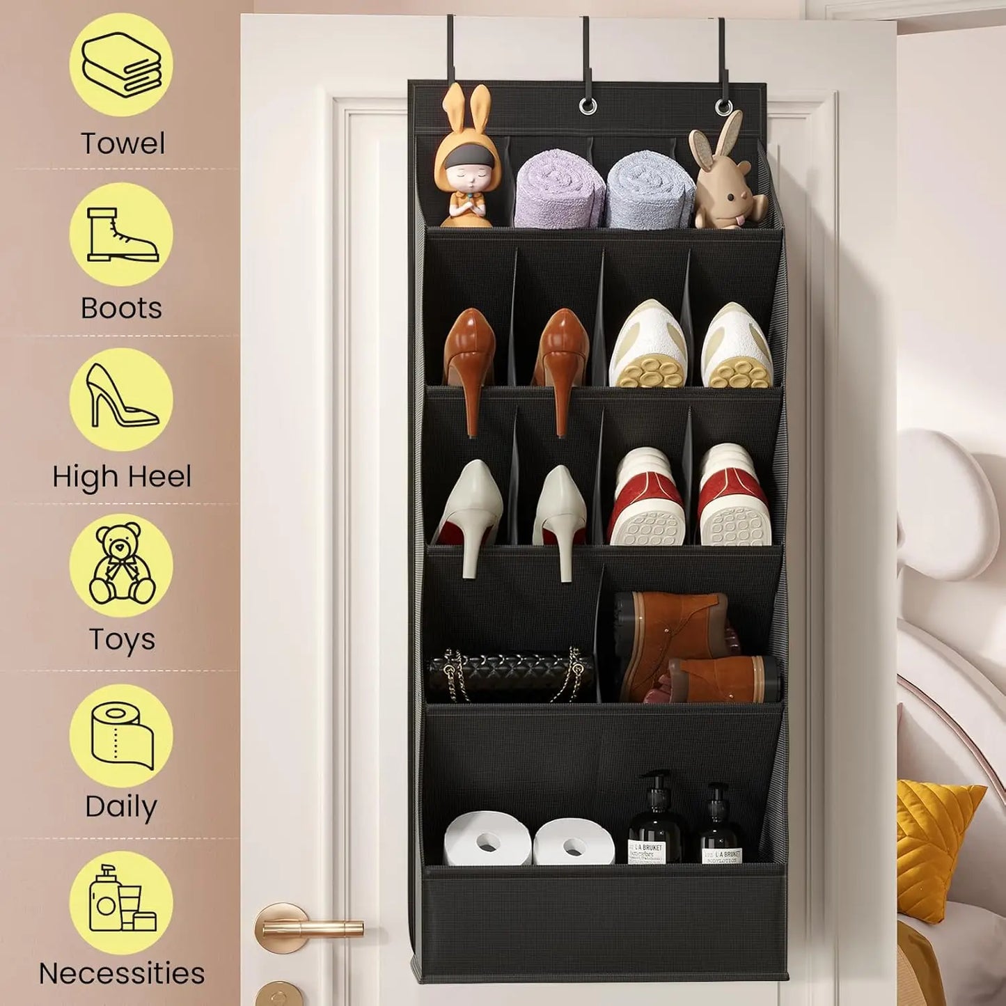 Black hanging organizer with various items on a door, with icons and labels on the left.