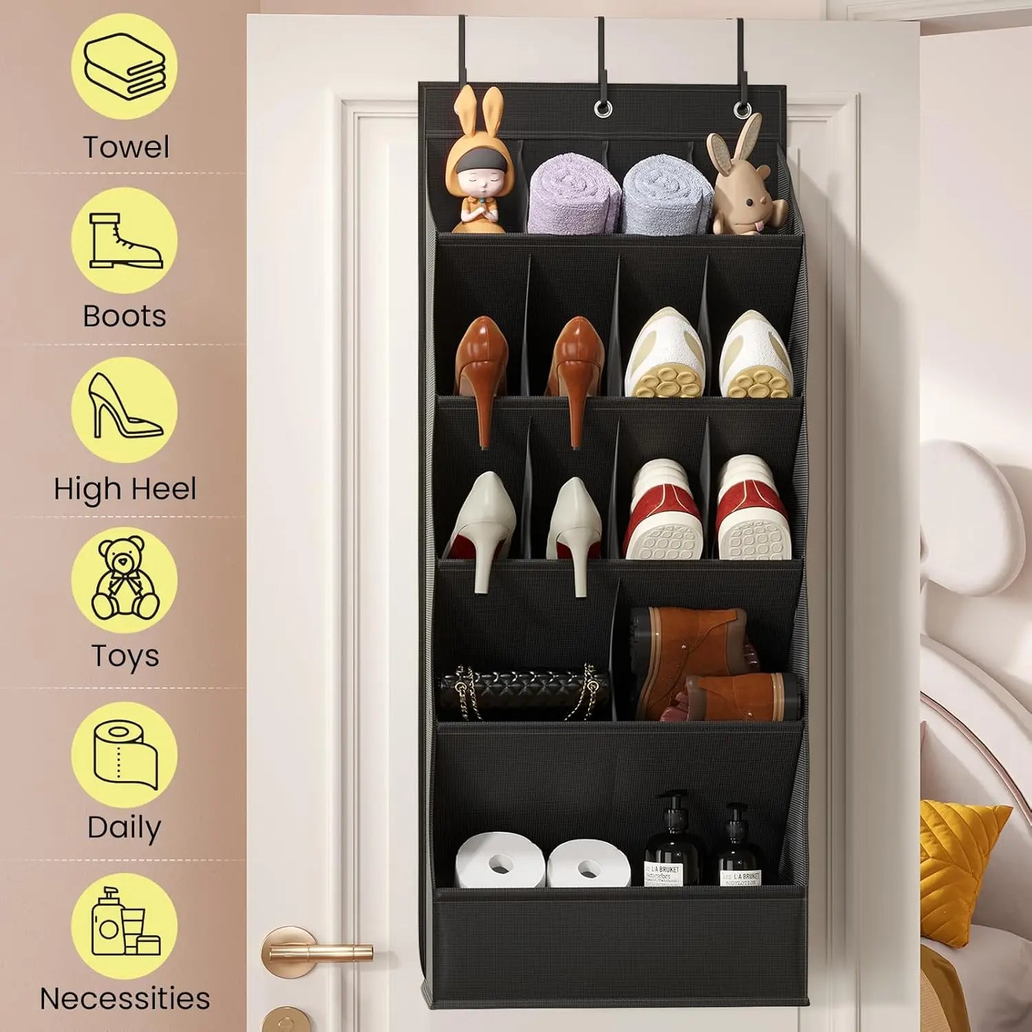 Black hanging organizer with various items on a door, with icons and labels on the left.