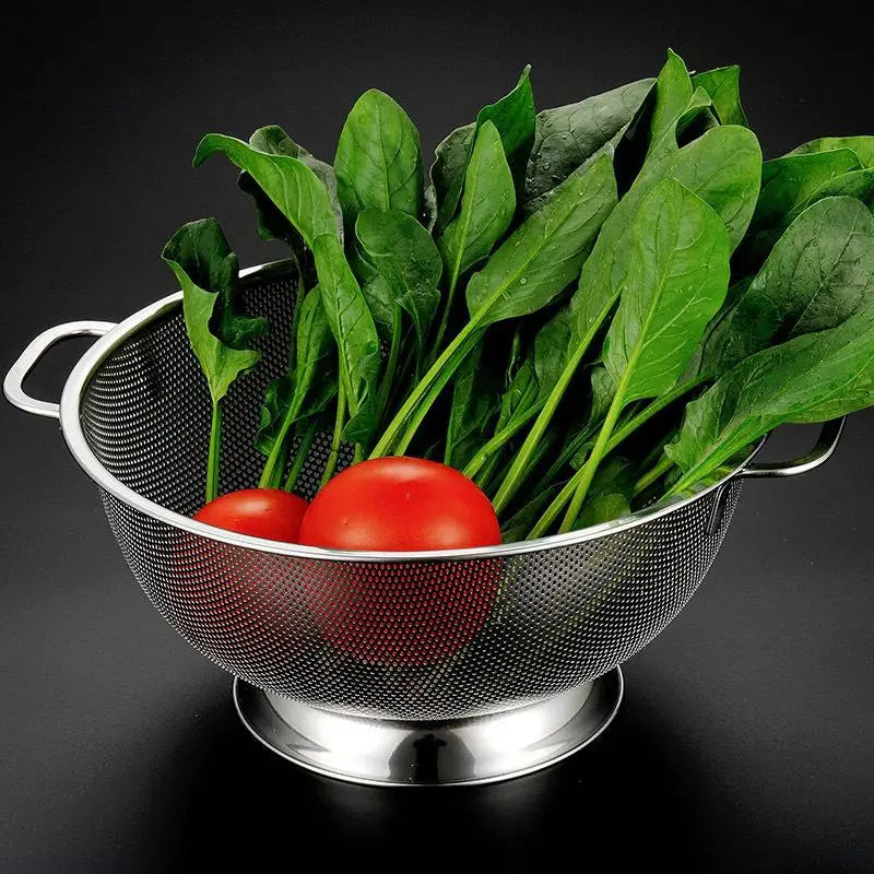 New Stainless Steel Colander With Double Handle Food Pasta Strainer Basket With Self-draining Solid Ring Base Fine Mesh Filter Peaceful Pleasures Health and Wellness
