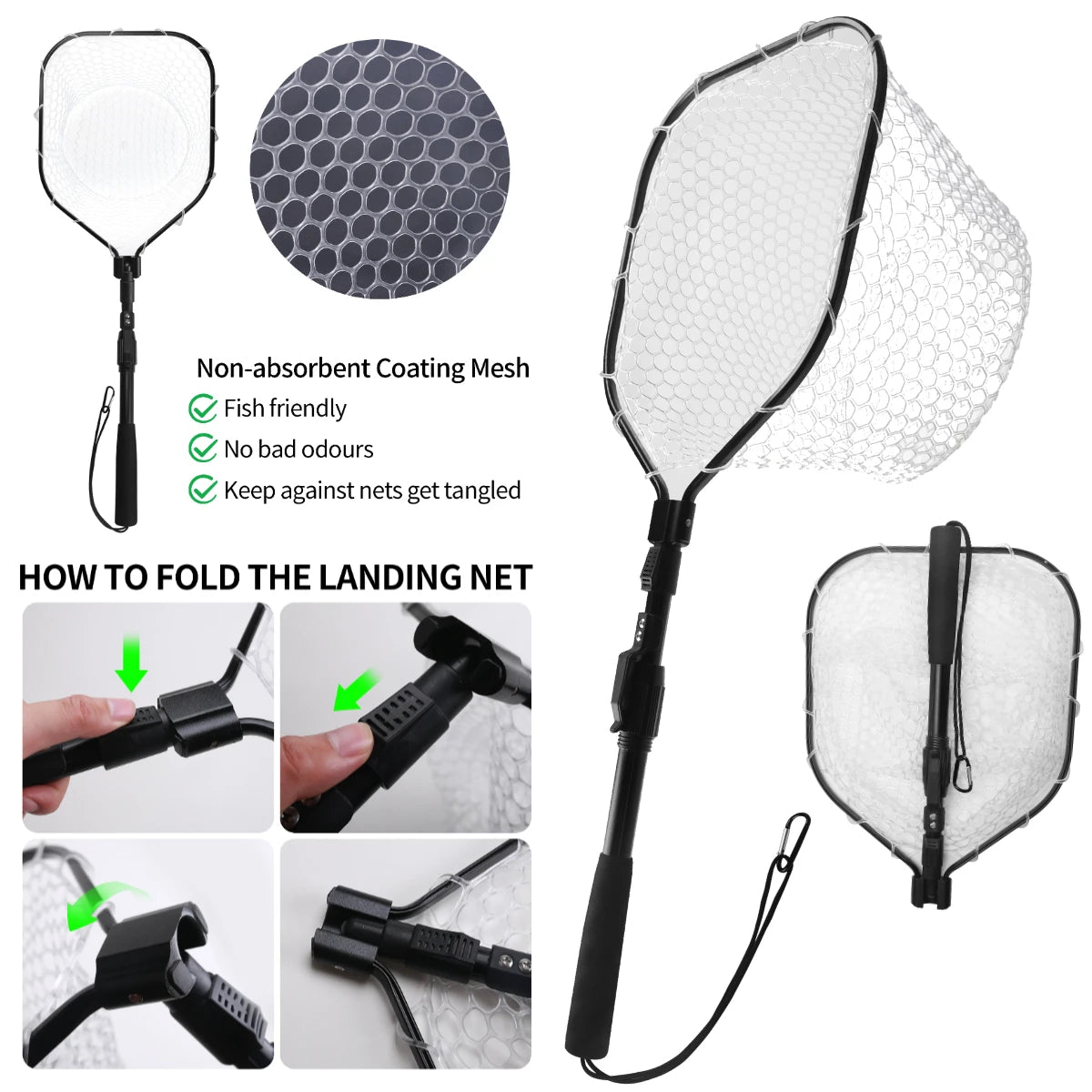Fishing Landing Net with Telescopic Pole Anti-Slip Handle Collapsible Fishing Net for Saltwater Freshwater Fishing Hand Net Peaceful Pleasures Health and Wellness
