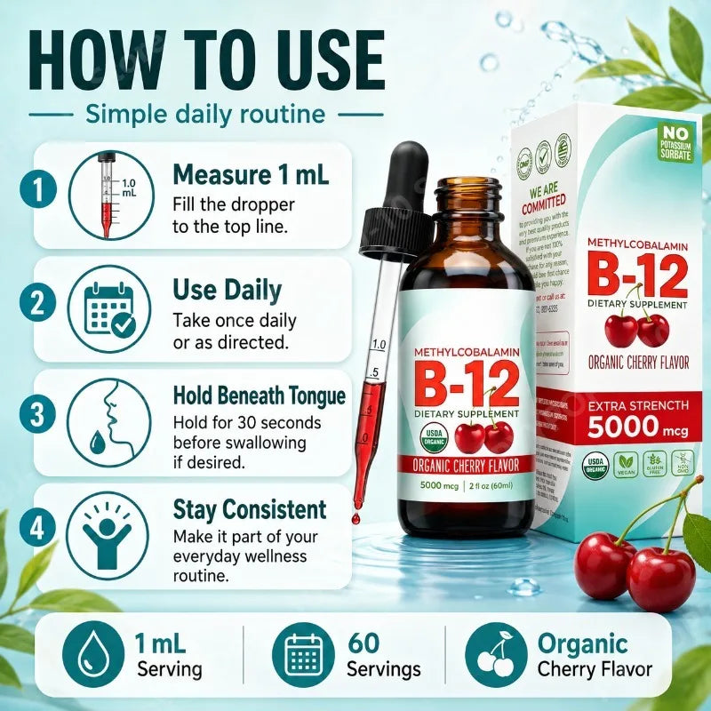 Methylcobalamin B12 5000mcg Liquid Drops | Organic Cherry 60ml