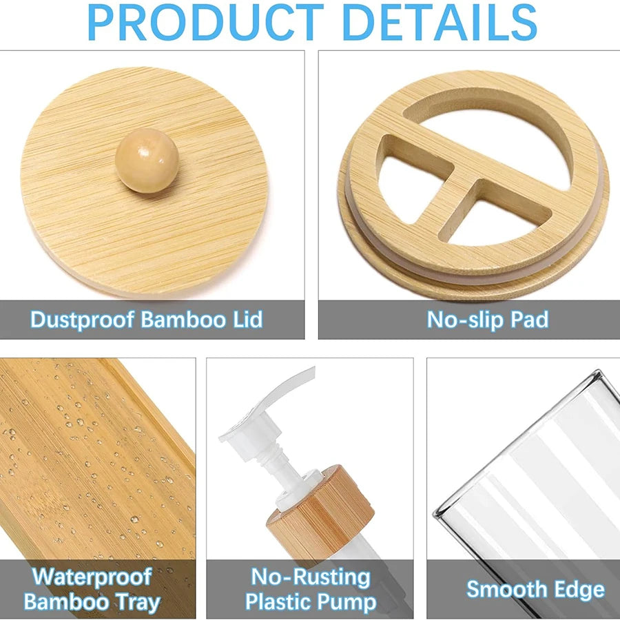 5-Piece Bamboo Bathroom Accessories Set with Tray – Soap Dispenser, Toothbrush Holder & Q-tip Jars