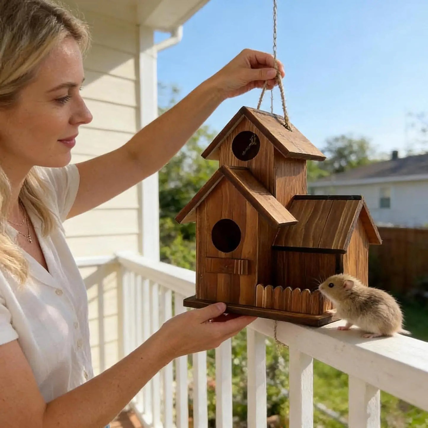 Wooden Squirrel & Chipmunk Feeder – Hanging Awning Garden House Wildlife Feeder Peaceful Pleasures Health and Wellness