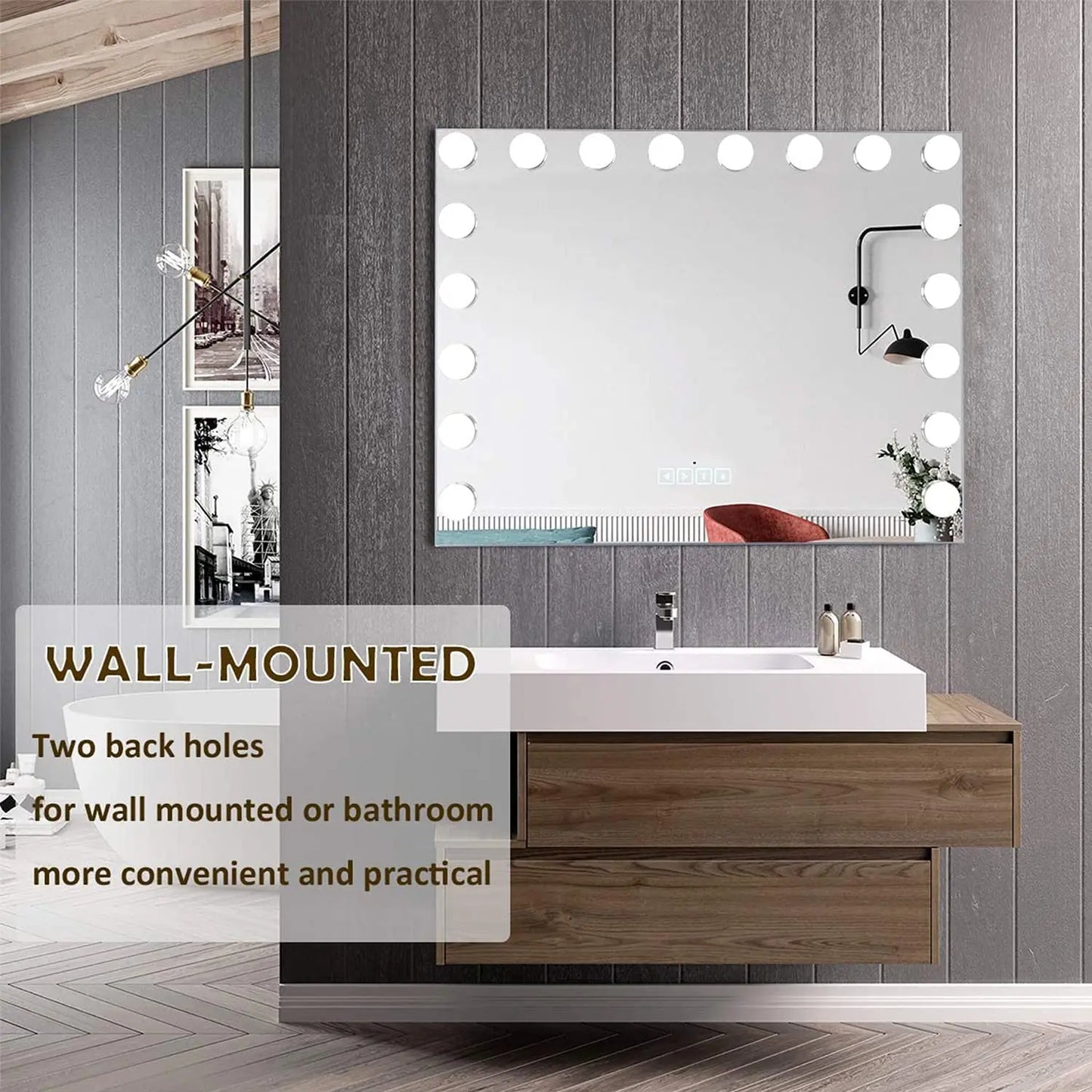 Large LED Vanity Mirror with Bluetooth Speaker & Dimmable Lights