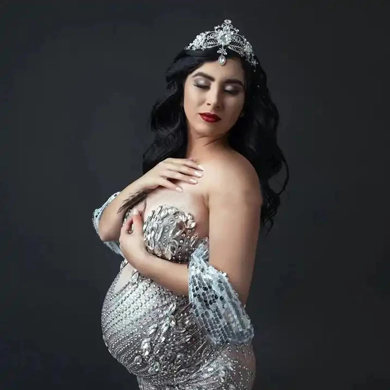 New Arrivals Elegant Shiny Rhinestones Off Shoulder Sexy Maternity Shoot Dress Sequin Fishtail Robe De Soiree Peaceful Pleasures Health and Wellness