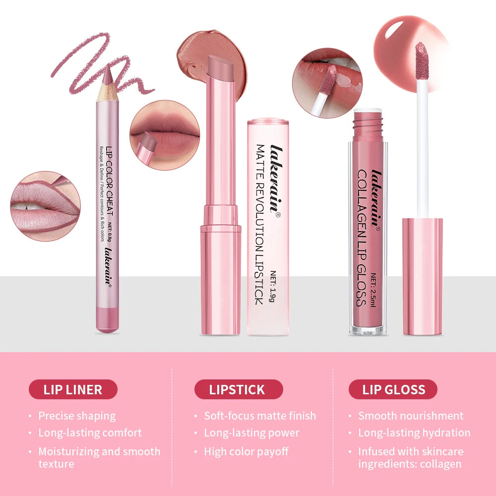 3pcs Lip Makeup Set Lip Liner Lip Gloss Lipstick Mirror Effect Beep Lips High Color Long-lasting Hydrates Travel Mini Set Peaceful Pleasures Health and Wellness