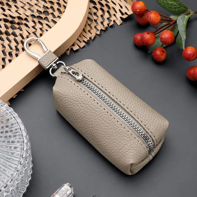 Double Zipper PU Leather Key & Coin Pouch with Metal Clip