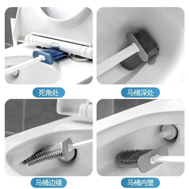 Silicone Toilet Brush & Wall-Mounted Holder Set | Flat Head