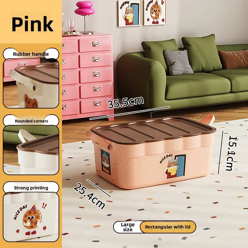 Cartoon Pattern Lidded Storage Box for Toys Snacks Dustproof Desktop Container Household Storage Solution for Various Items Peaceful Pleasures Health and Wellness Pink with Lid M 1 Pc