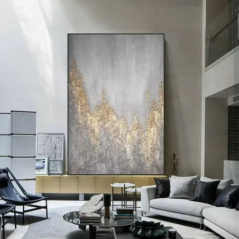 Gray Handmade Abstract Oil Painting on Canvas,Gold Foil Wall Art Decoration Poster Textured Abstract Image Vertical Mural Custom Peaceful Pleasures Health and Wellness