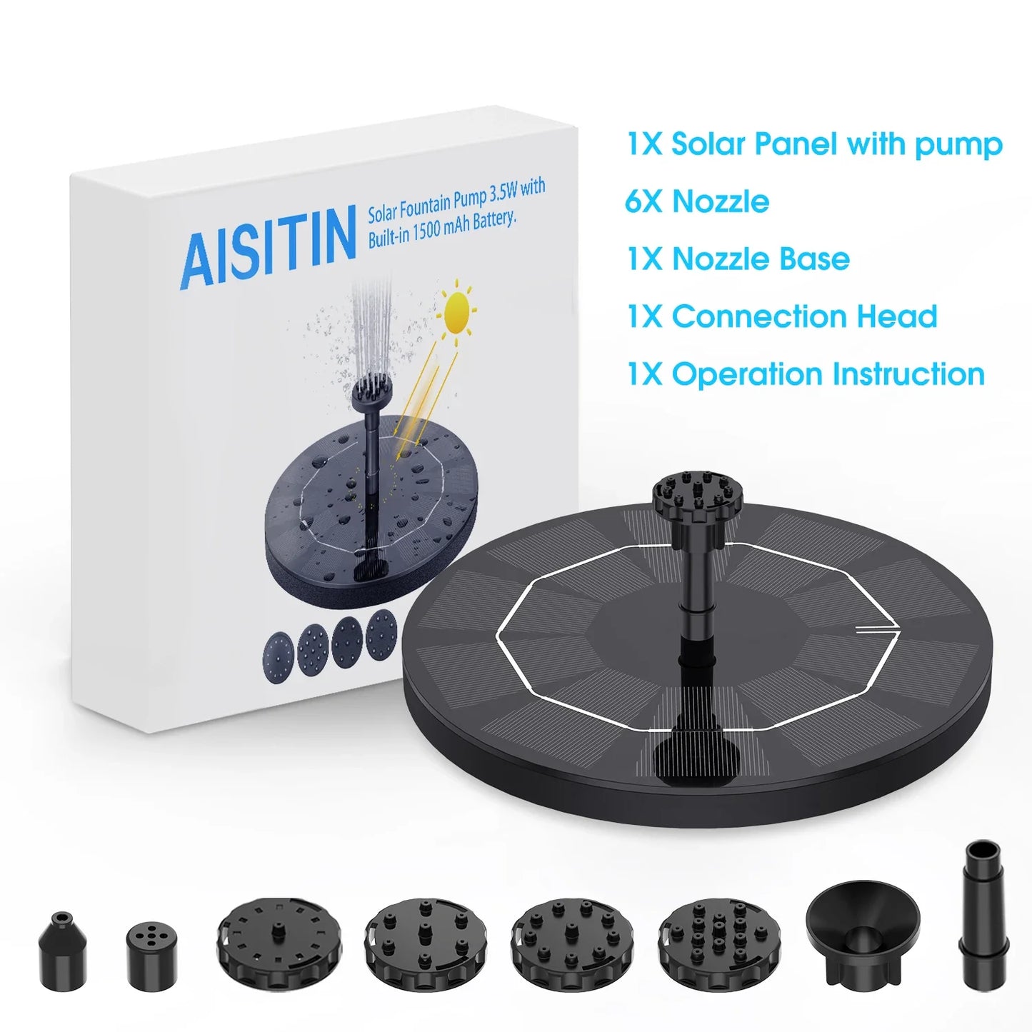 3.5W Solar Fountain Pump with 1500mAh Battery & 6 Nozzles