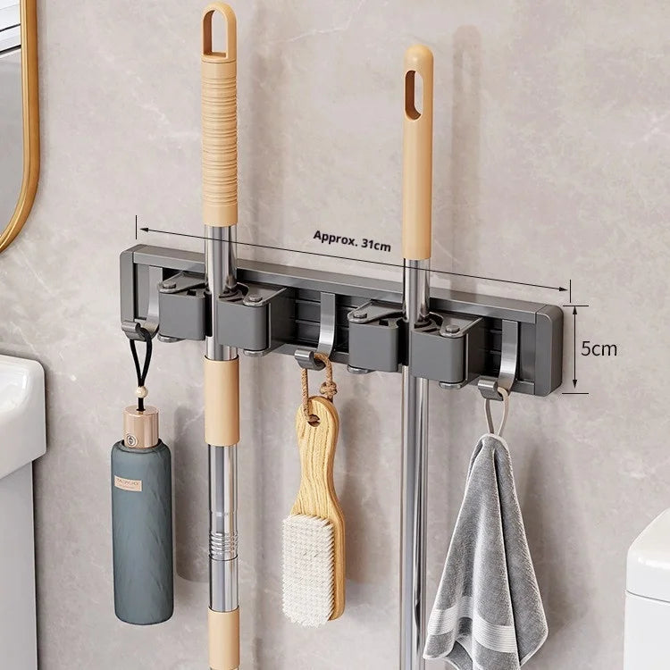 Wall Mounted Mop and Broom Organizer Mop Holder Rack Mop Holder Strong Broom Holder Self with 5 Hooks Organizers Hang Broom Peaceful Pleasures Health and Wellness 2 clips and 3 hooks