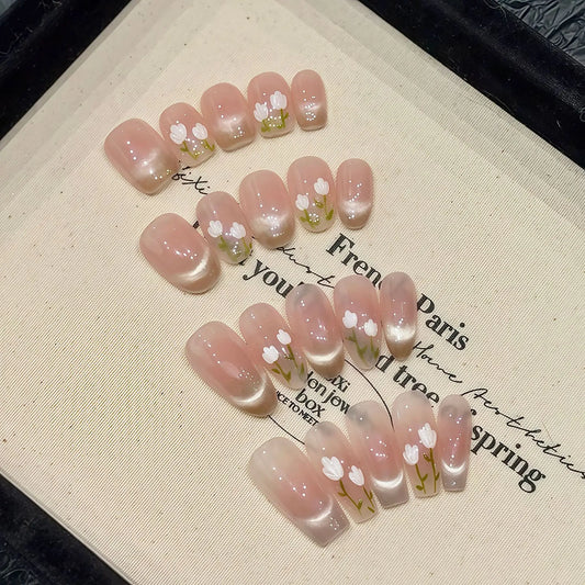 Korean Cat Eye Press On Nails – French Nude Tulip 10pcs Press On Nails Peaceful Pleasures Health and Wellness