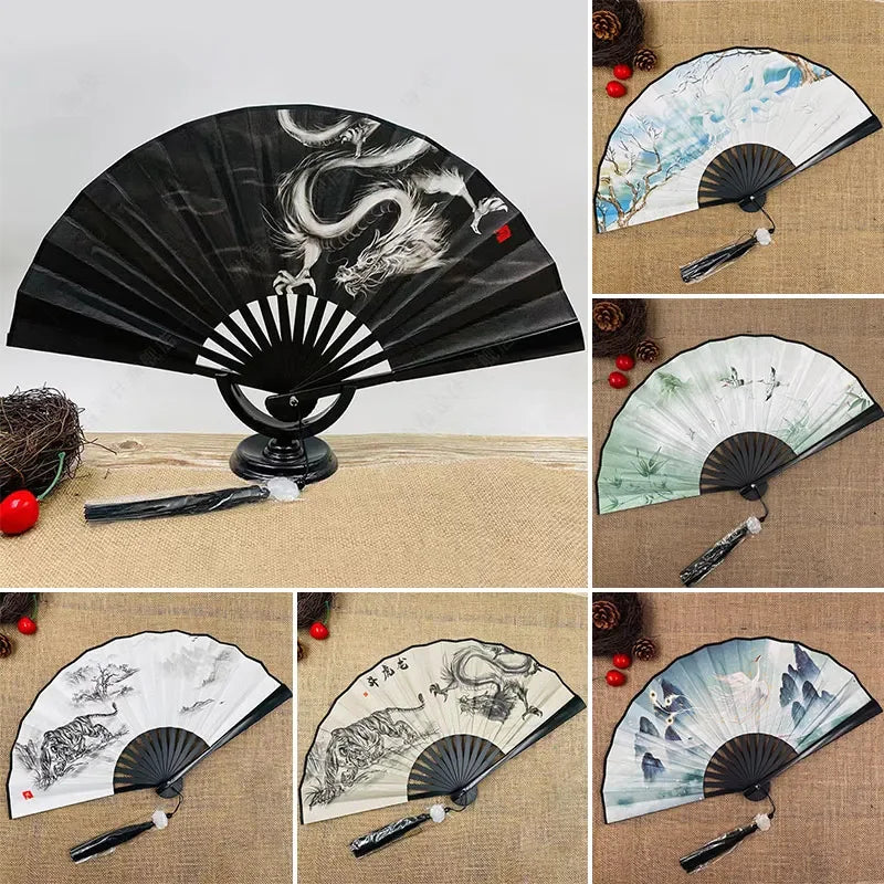 8 Inch China-Chic Fan Guofeng Folding Fan Double Sided Silk Ink Painting Chinese Fan With Tassel Antique Male Folding Fan Peaceful Pleasures Health and Wellness
