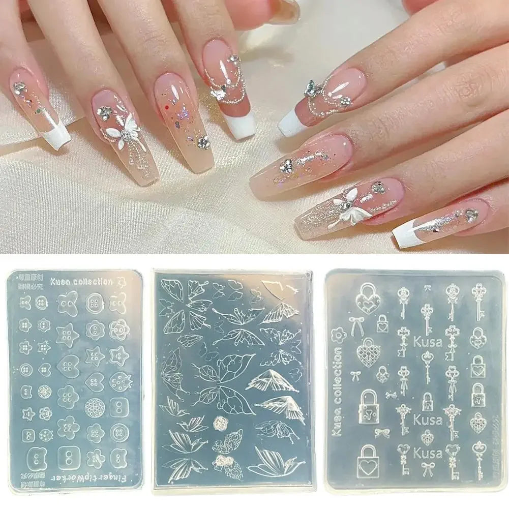3D Button Butterfly Key Lock Silicone Nail Molds Nails Charms Reusable Clear Resin Molds Art Nail Stamping DIY Manicure Art Tool Peaceful Pleasures Health and Wellness