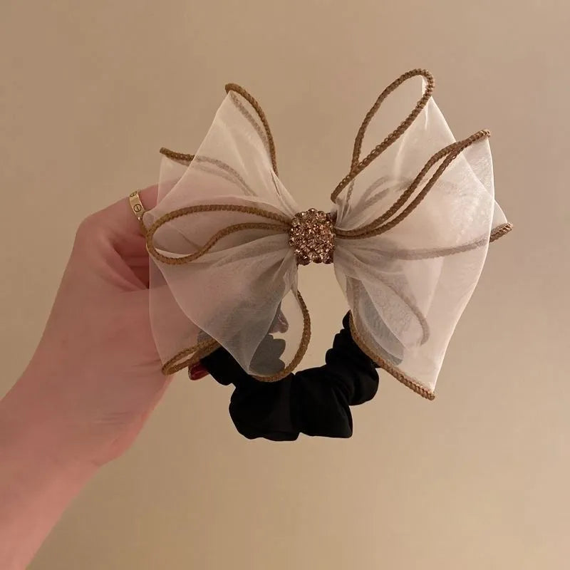New Mesh Rhinestone Bow Hair Ties Scrunchies Women Girls Elastic Hair Bands Headwear Ribbon Bowknot Ponytail Hair Accessories Peaceful Pleasures Health and Wellness B