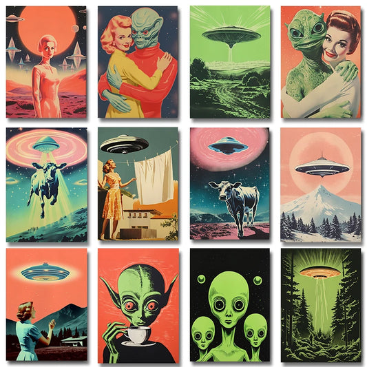 UFO Alien Cow Abduction Canvas Print | Retro Sci-Fi Wall Art Canvas Wall Art Print Peaceful Pleasures Health and Wellness