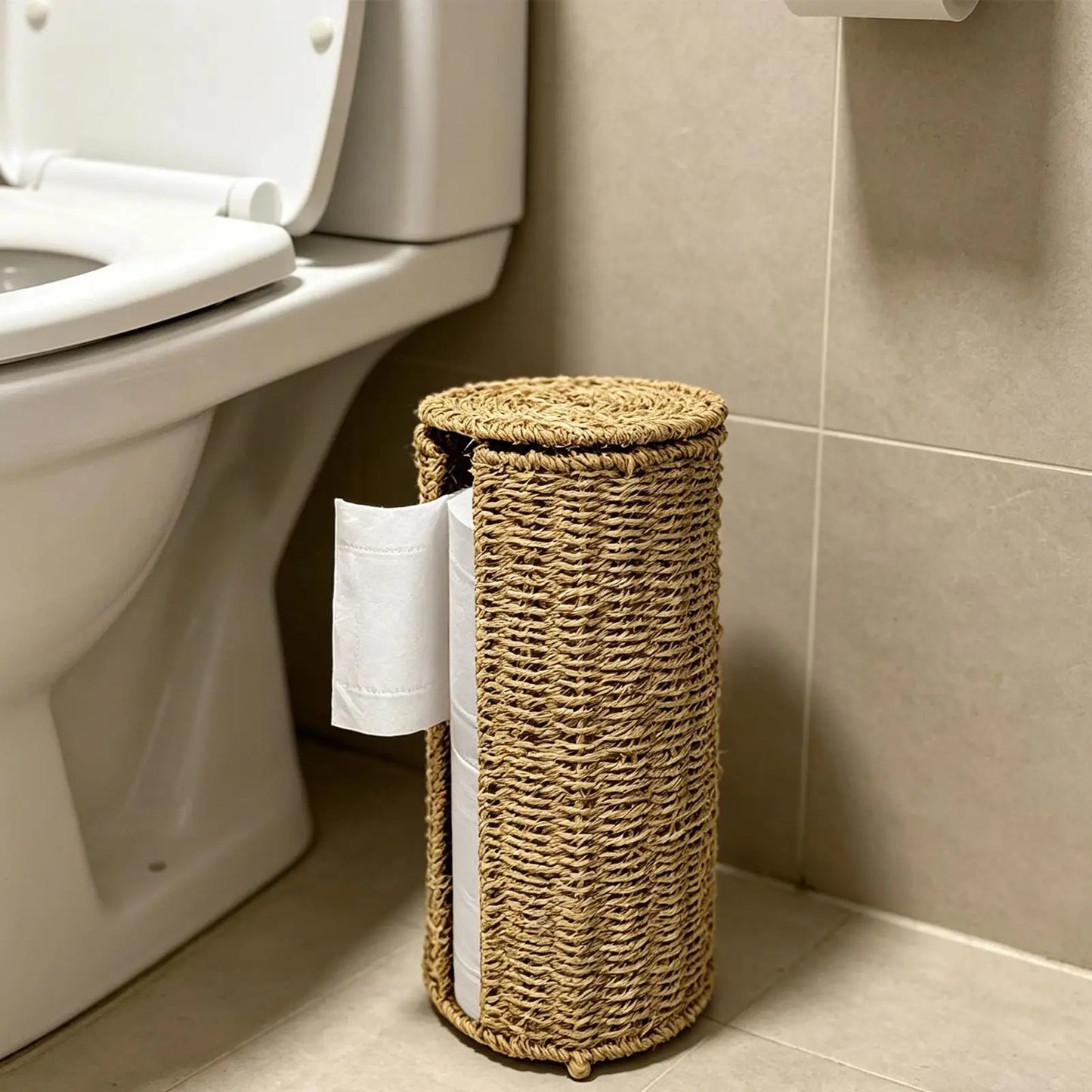 Handwoven Seagrass Toilet Paper Holder Basket with Lid