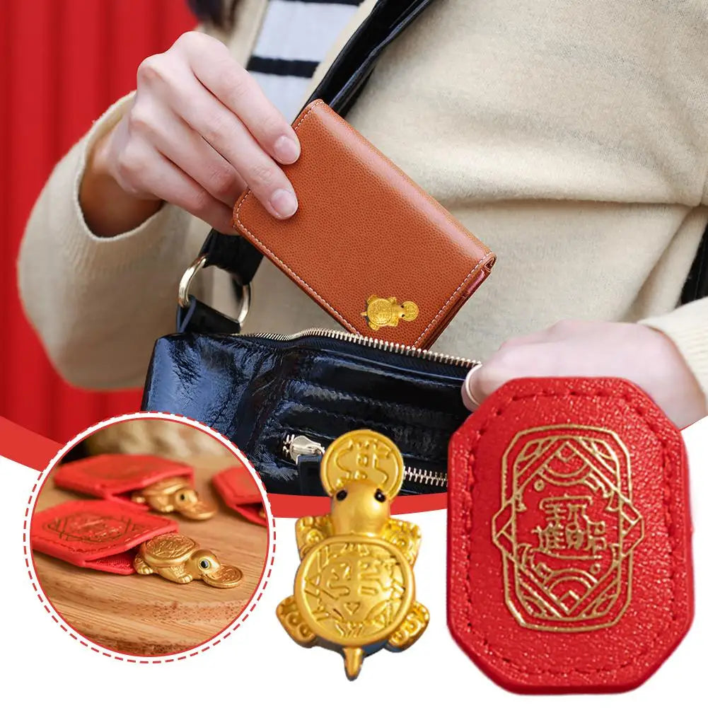 Gold Fortune Turtle Figurine with Leather Case – Lucky Gift