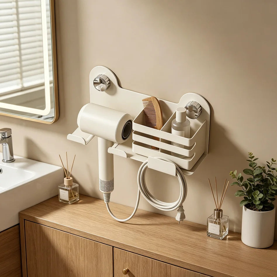 Punch-Free Wall Mount Hair Dryer Holder | Suction Cup Rack