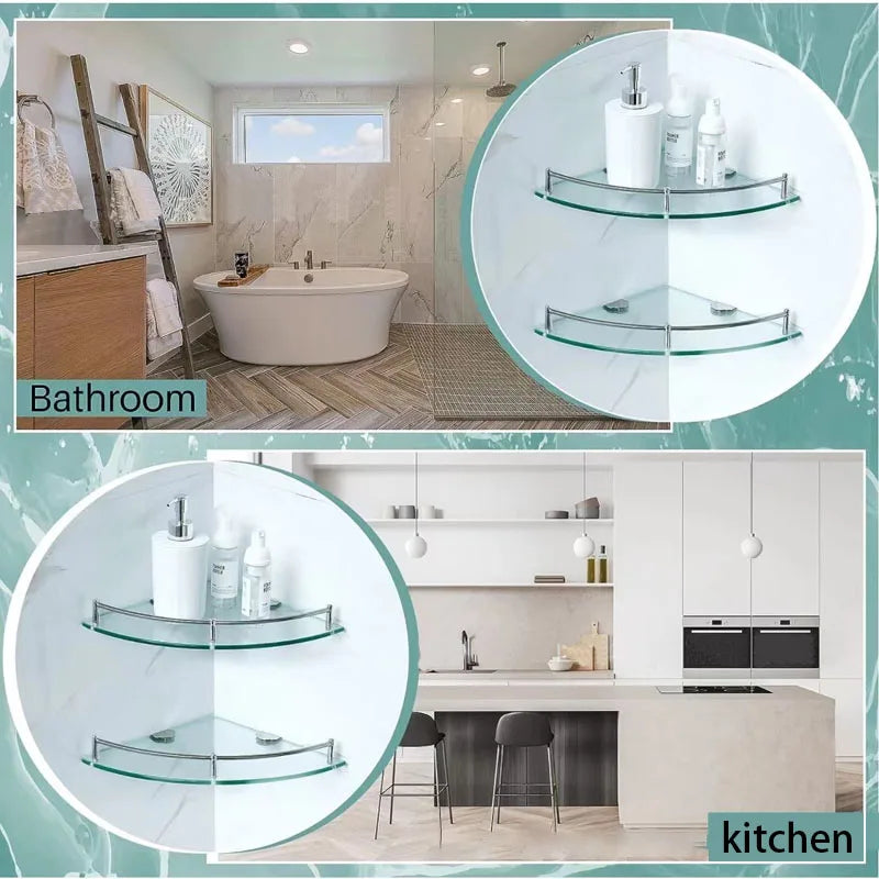 Glass Corner Shower Shelf – Tempered Glass & Stainless Steel