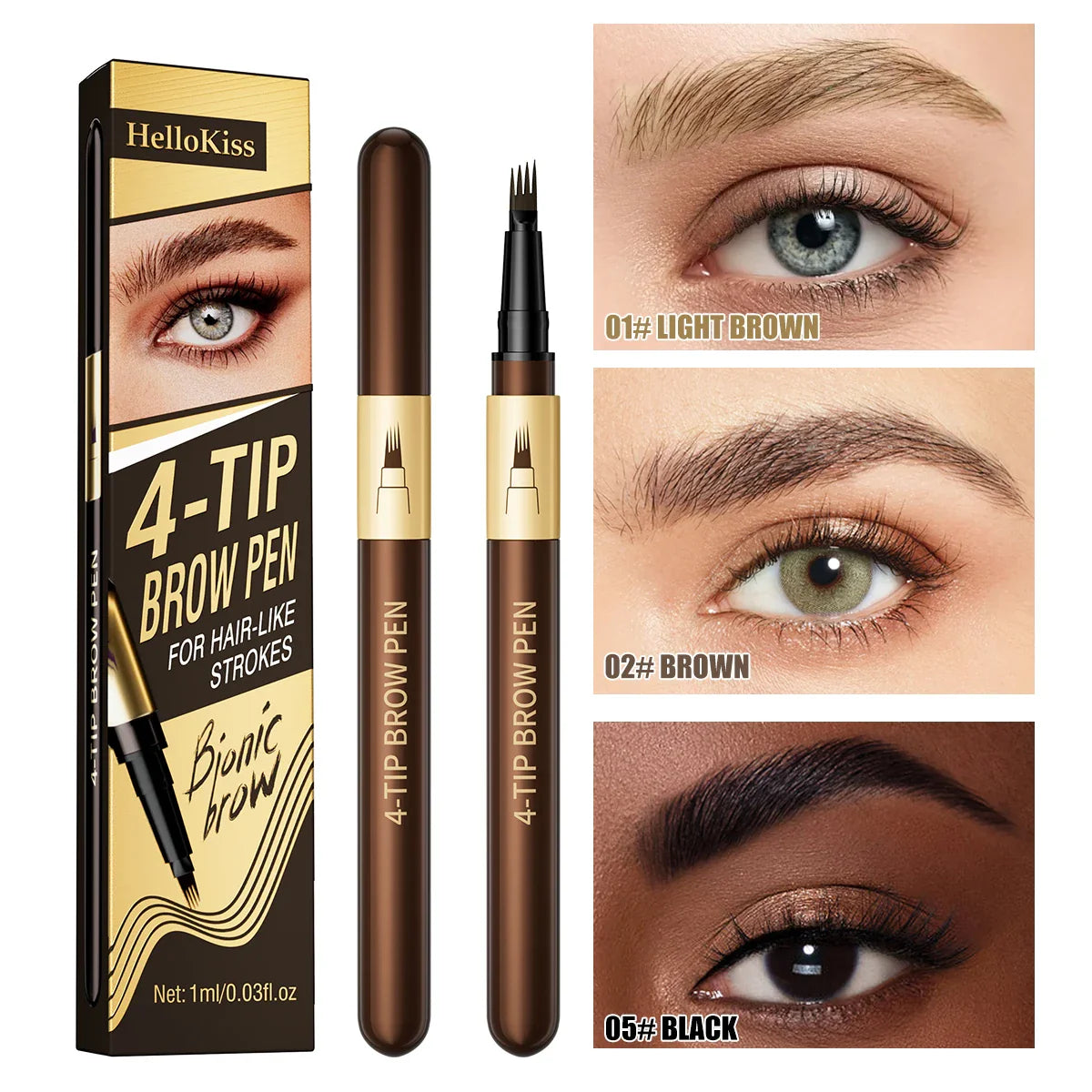 Hello Kiss 4-Tip Eyebrow Pencil – Waterproof & Long-Lasting