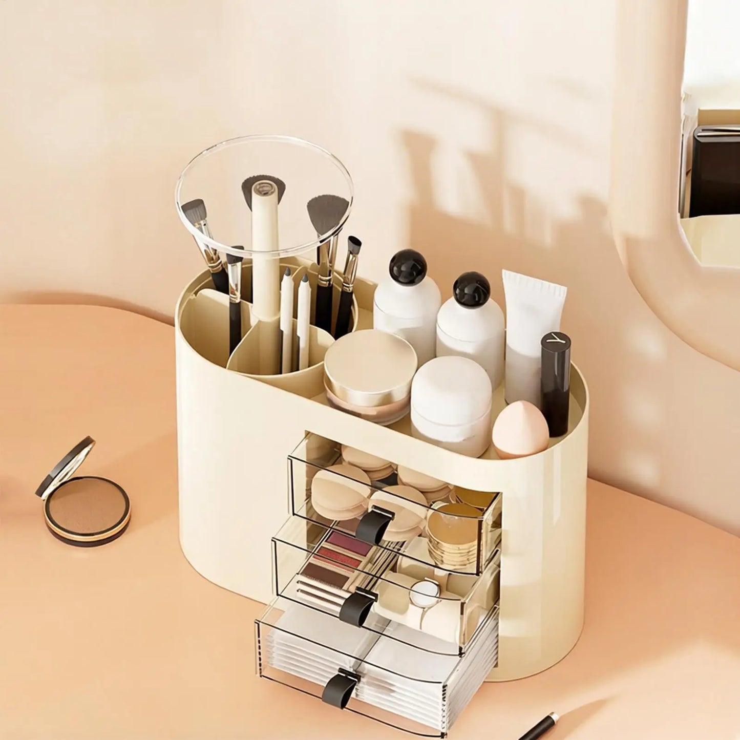 Makeup Organizer for Vanity with 3 Drawers Space Saving Dresser Cosmetic Storage Organizer for Perfume Brush Lipstick Skincare Peaceful Pleasures Health and Wellness