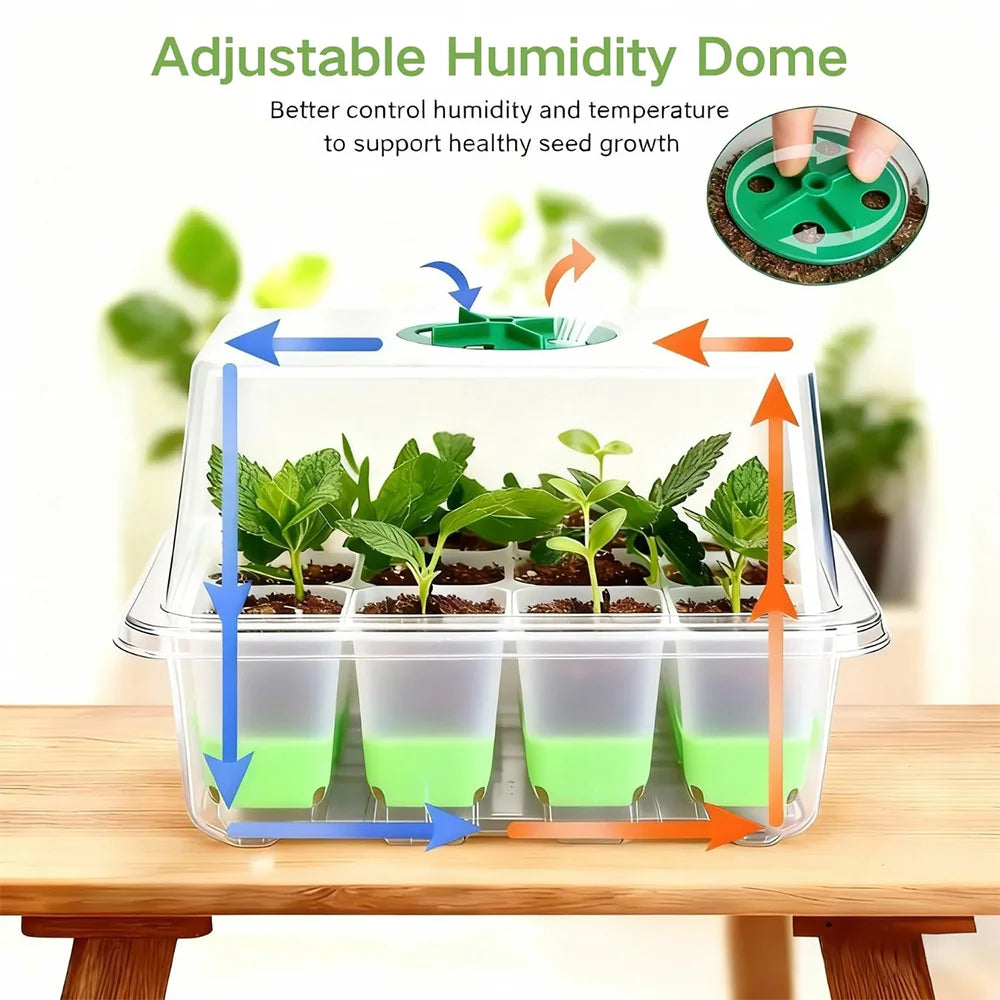 12-cell Seedling Starter Tray with Transparent Cover Garden Greenhouse Growth Potting Adjustable Humidity Germination Box Indoor Peaceful Pleasures Health and Wellness