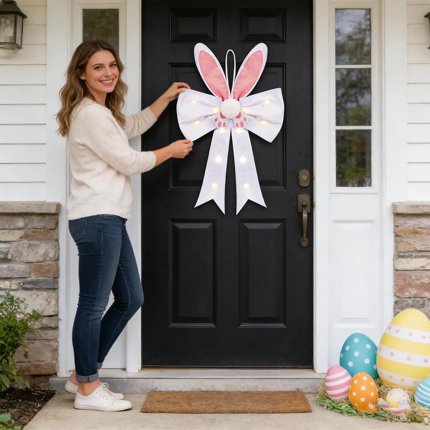 Spring Bow With LED Lights Spring Home Decor Cute Bunny Bow Easter Decorations For Holiday Party Bedroom Living Room Apartment Peaceful Pleasures Health and Wellness