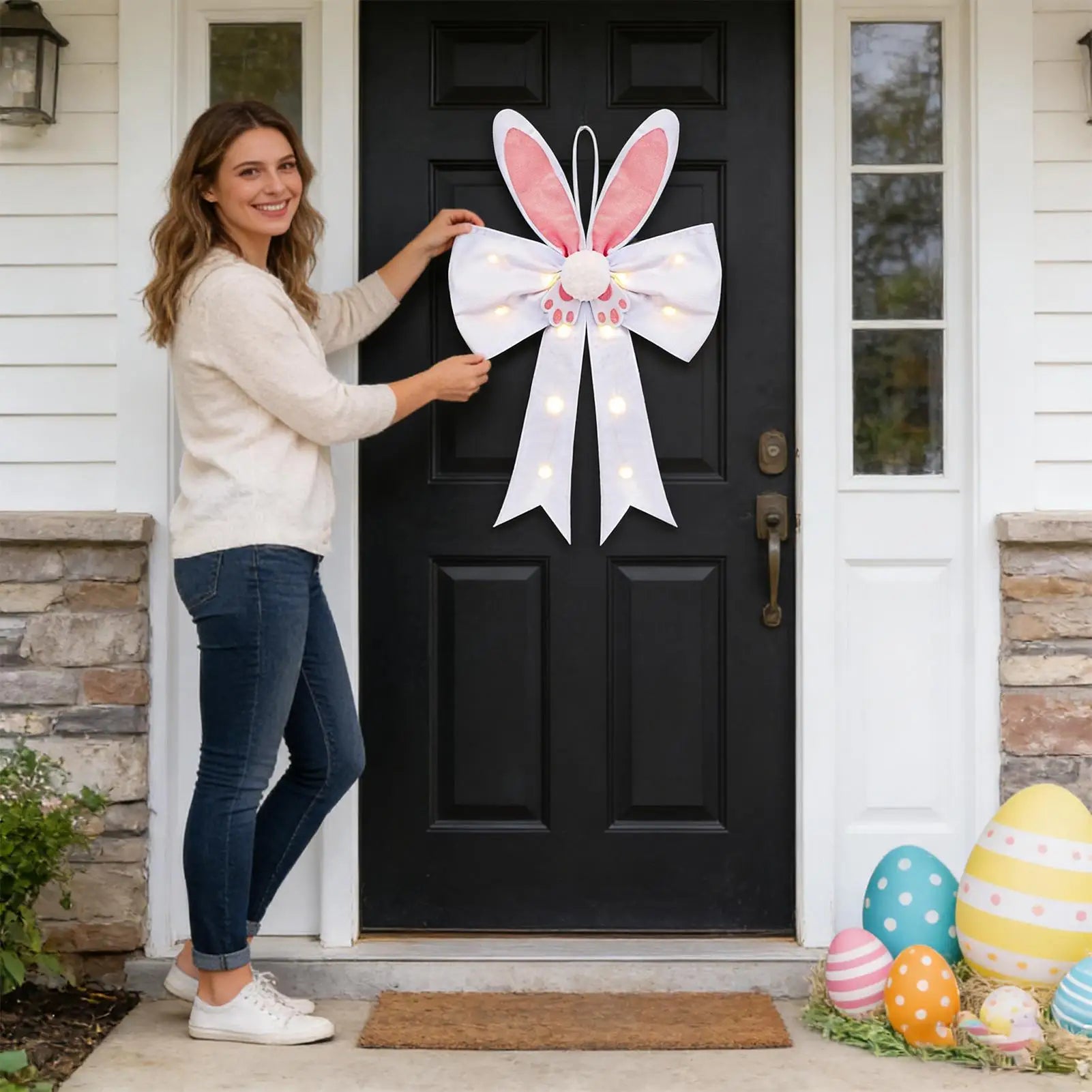 Spring Bow With LED Lights Spring Home Decor Cute Bunny Bow Easter Decorations For Holiday Party Bedroom Living Room Apartment Peaceful Pleasures Health and Wellness