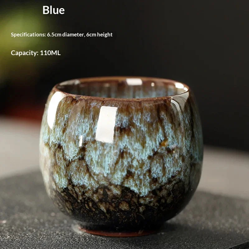 New Ceramic Kung Fu Tea Set with Kiln Transformation, Single Cup Tianmu Glaze, Main Tea Tasting Cup, Egg Shaped Small Tea Bowl Peaceful Pleasures Health and Wellness 08 110ML