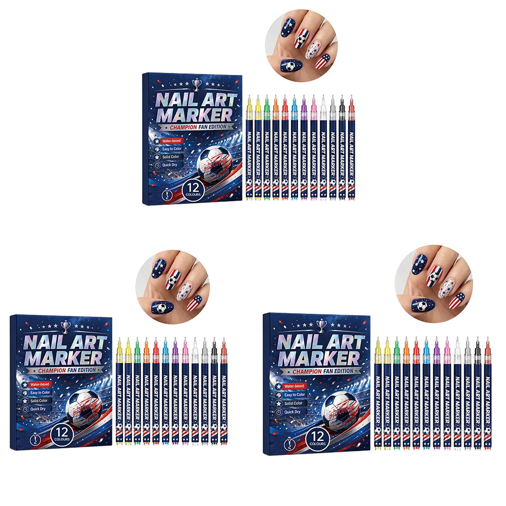 12-Piece Football Fan Nail Art Pens | Quick-Dry Liner Set