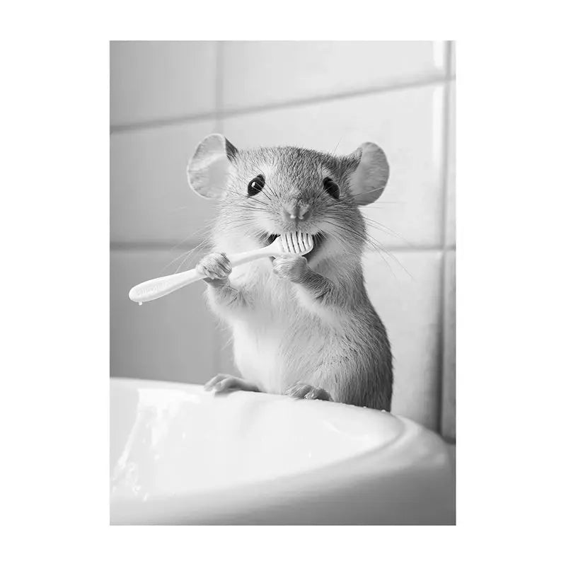 Funny Bathroom Animal Canvas Wall Art | Vintage Brushing Teeth
