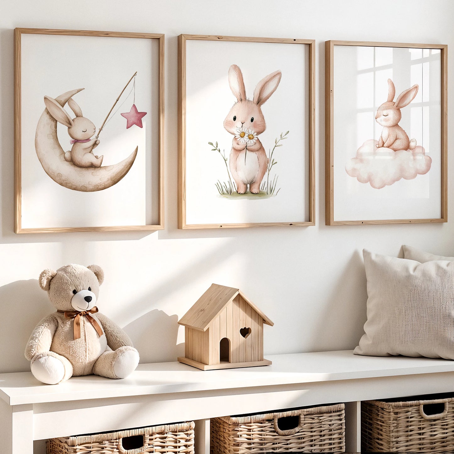 3-Piece Cartoon Rabbit Moon Canvas Wall Art | Kids Room Décor