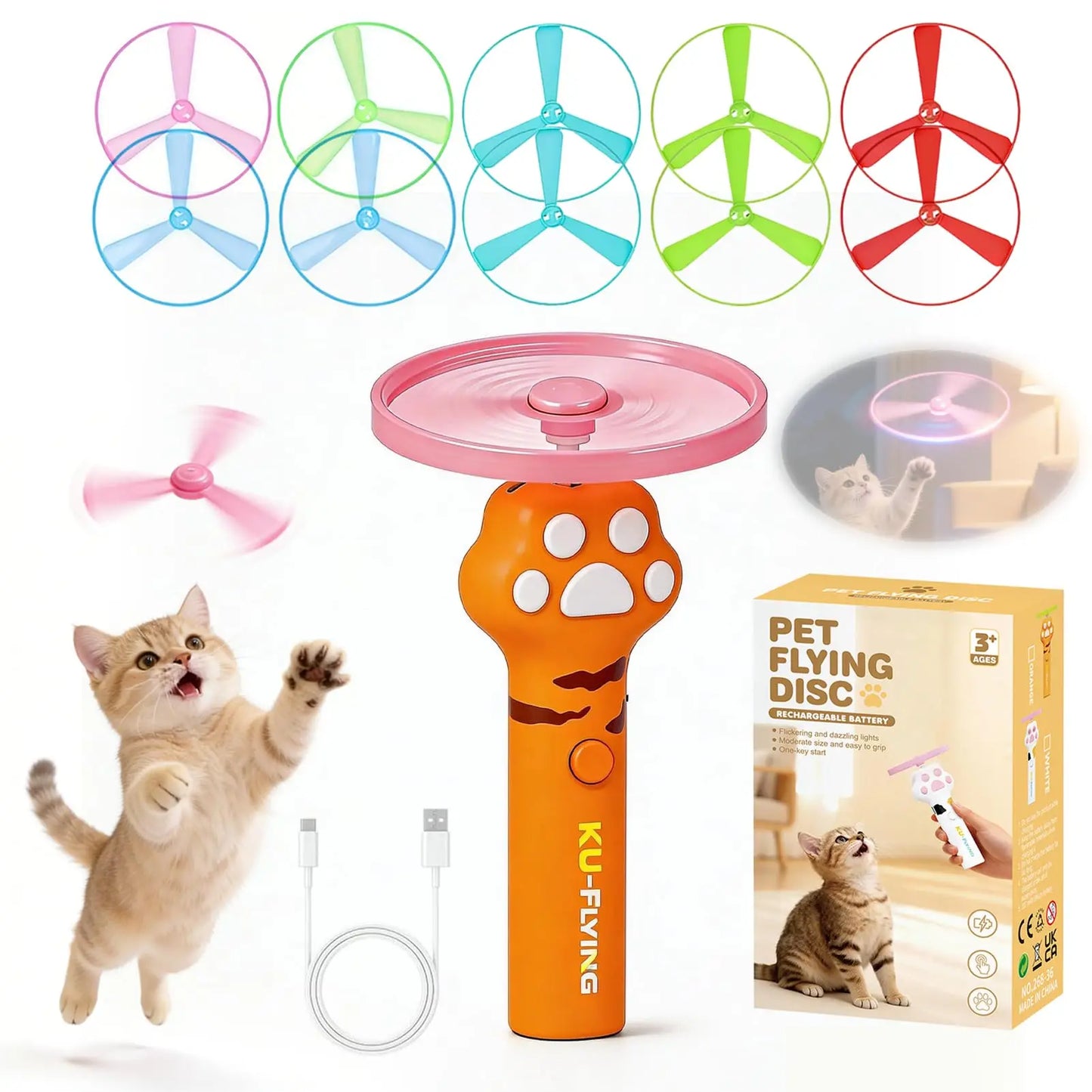 Rechargeable Cat Fetch Toy Launcher with 10 Flying Discs, Interactive Outdoor Indoor Pet Play for Kittens Dogs, Peaceful Pleasures Health and Wellness Orange