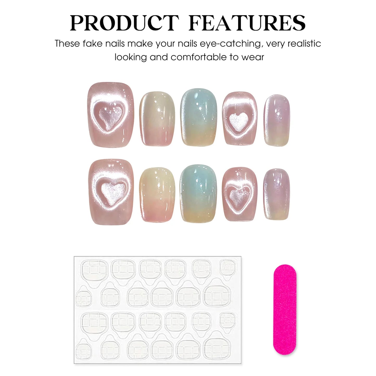 Sweet Pink Heart Cat Eye Press On Nails | Coffin Ballet Shape