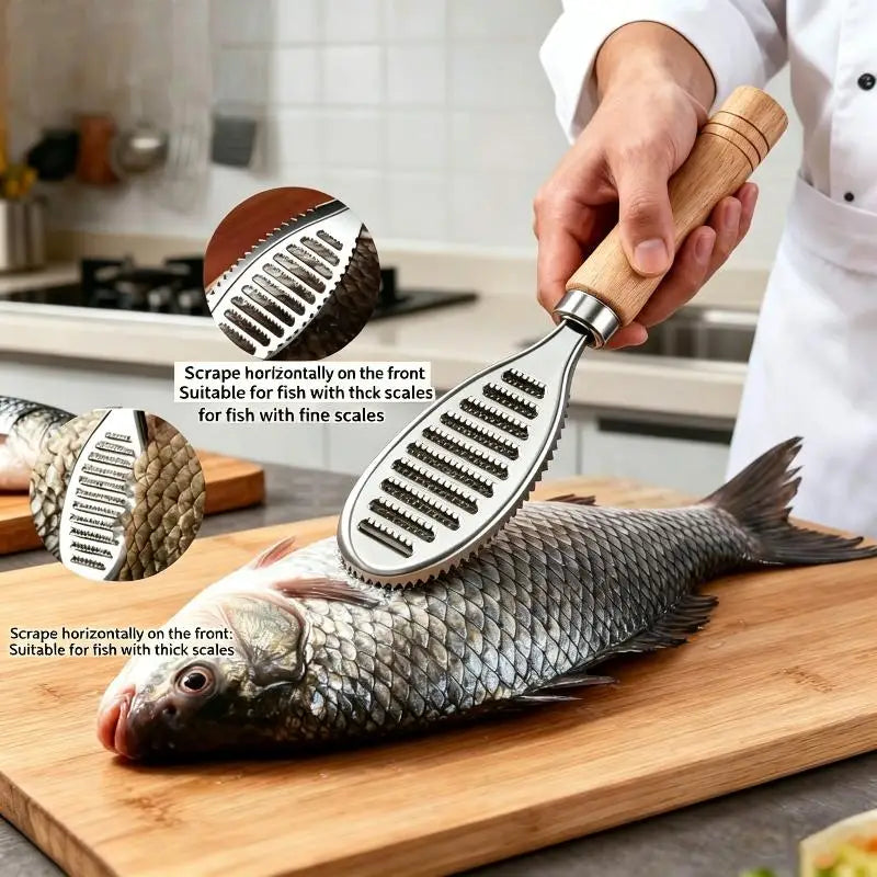 Manual Fish Scaler Stainless Steel Descaler & Wood Handle
