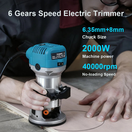 220V Wooden Router Wood Trimmer Machine 6 Speeds Adjustable Electric Hands Trimmer Carpentry DIY Tool 2000W Woodworking Trimming Peaceful Pleasures Health and Wellness