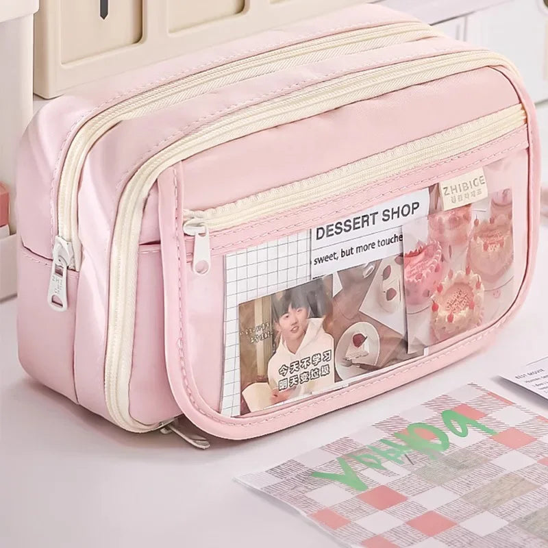 Pink Pencil Case Large Capacity 3 Compartments School Pencils Bag Zipper Pen Pouch Back To School For Girls Stationery Supplies Peaceful Pleasures Health and Wellness