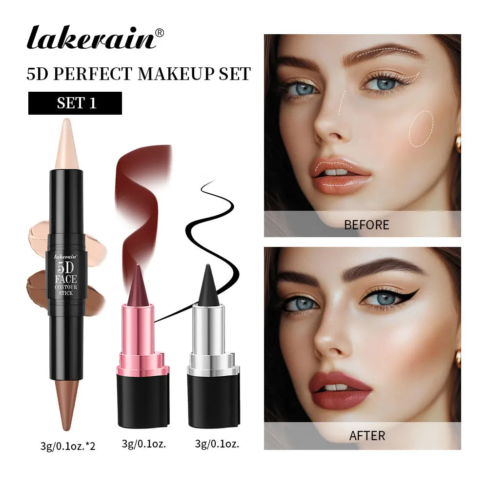 5D Perfect Makeup Set With Contouring Stick Eyeliner And Lipstick Easy Coloring Sweat-proof Long Lasting Daily Makeup Set Peaceful Pleasures Health and Wellness