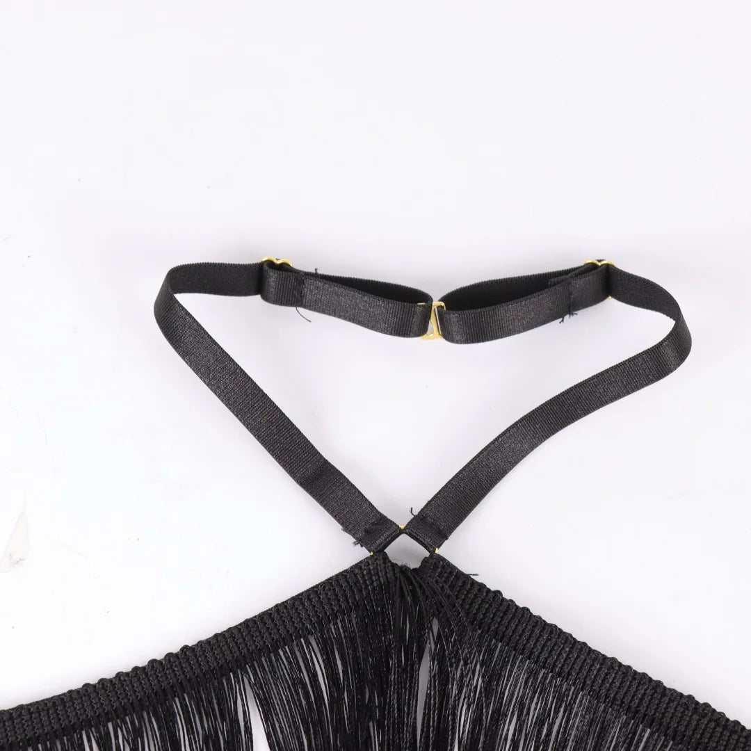 UYEE Women's Black Halter Tassel Detail Adjustable Elastic Harness