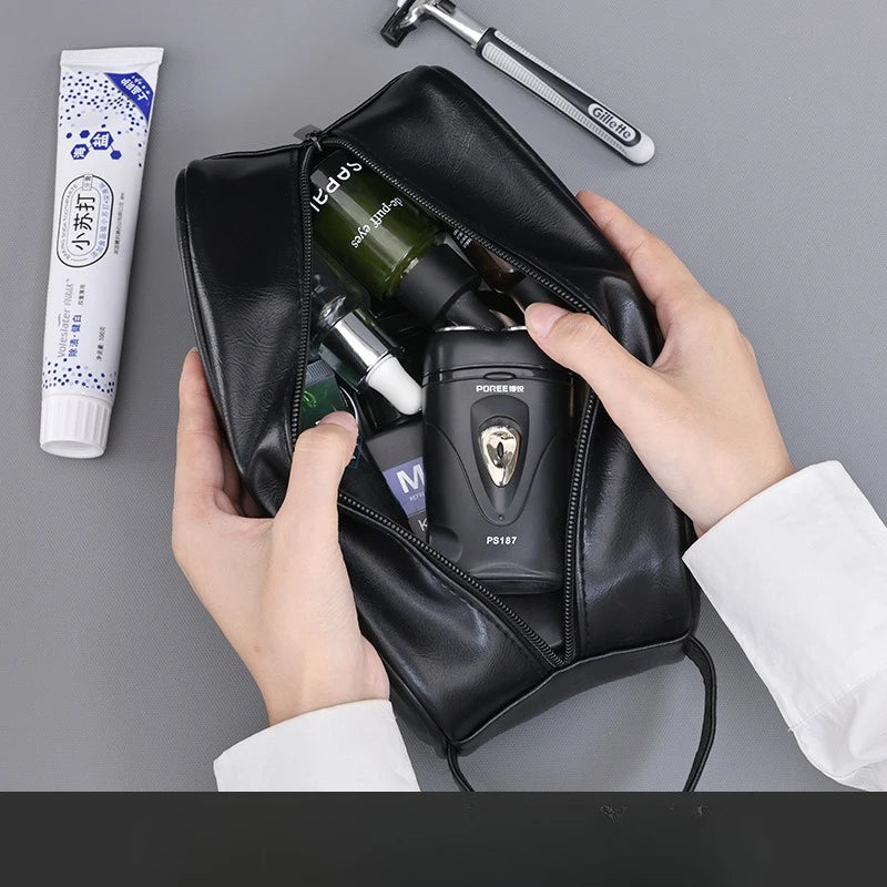 Large Capacity Men Leather Travel Wash Bag Business Trips Portable Cosmetic Bag Multi Pocket Design Handheld Leather Wash Bag Peaceful Pleasures Health and Wellness