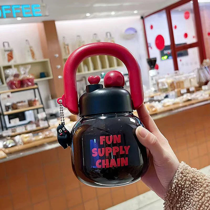 New Cute Water Bottle with Decoration, Dual Straws Design, Anti-Lipstick Stain, Detachable Travel Strap Durable Plastic Material Peaceful Pleasures Health and Wellness black red 800ML