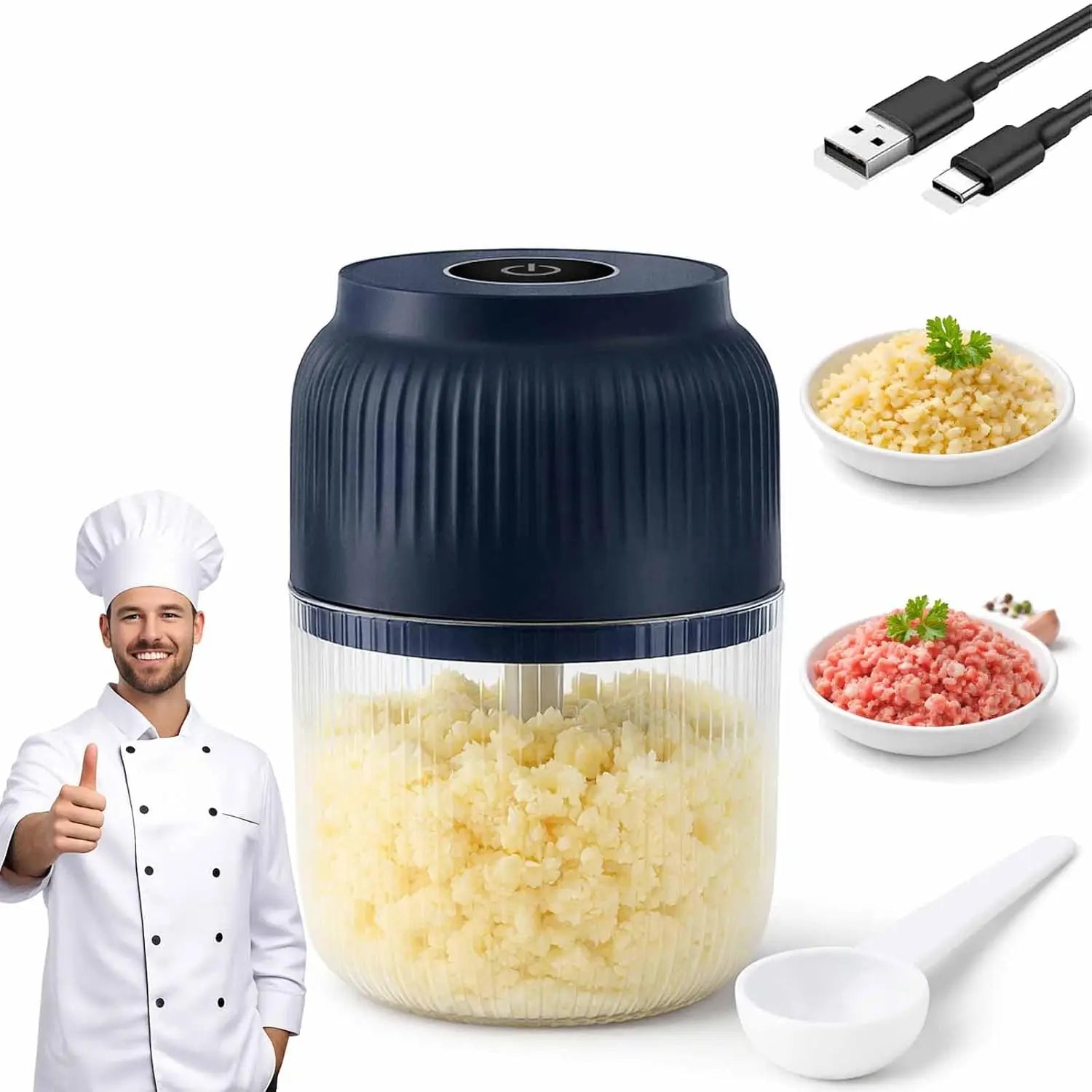 300ml Capacity Electric Garlic Chopper, Mini Portable Veggie Cutter, 4 Sharp Stainless Steel Blades Mini Electric Food Chopper, Compact Size, Easy to Clean, One-Touch Operation (Blue) Peaceful Pleasures Health and Wellness Blue United States