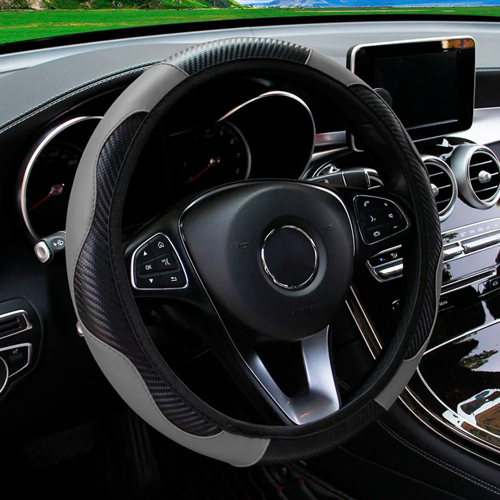 PU Carbon Fiber Steering Wheel Cover | 14.5–15 Inch Fit