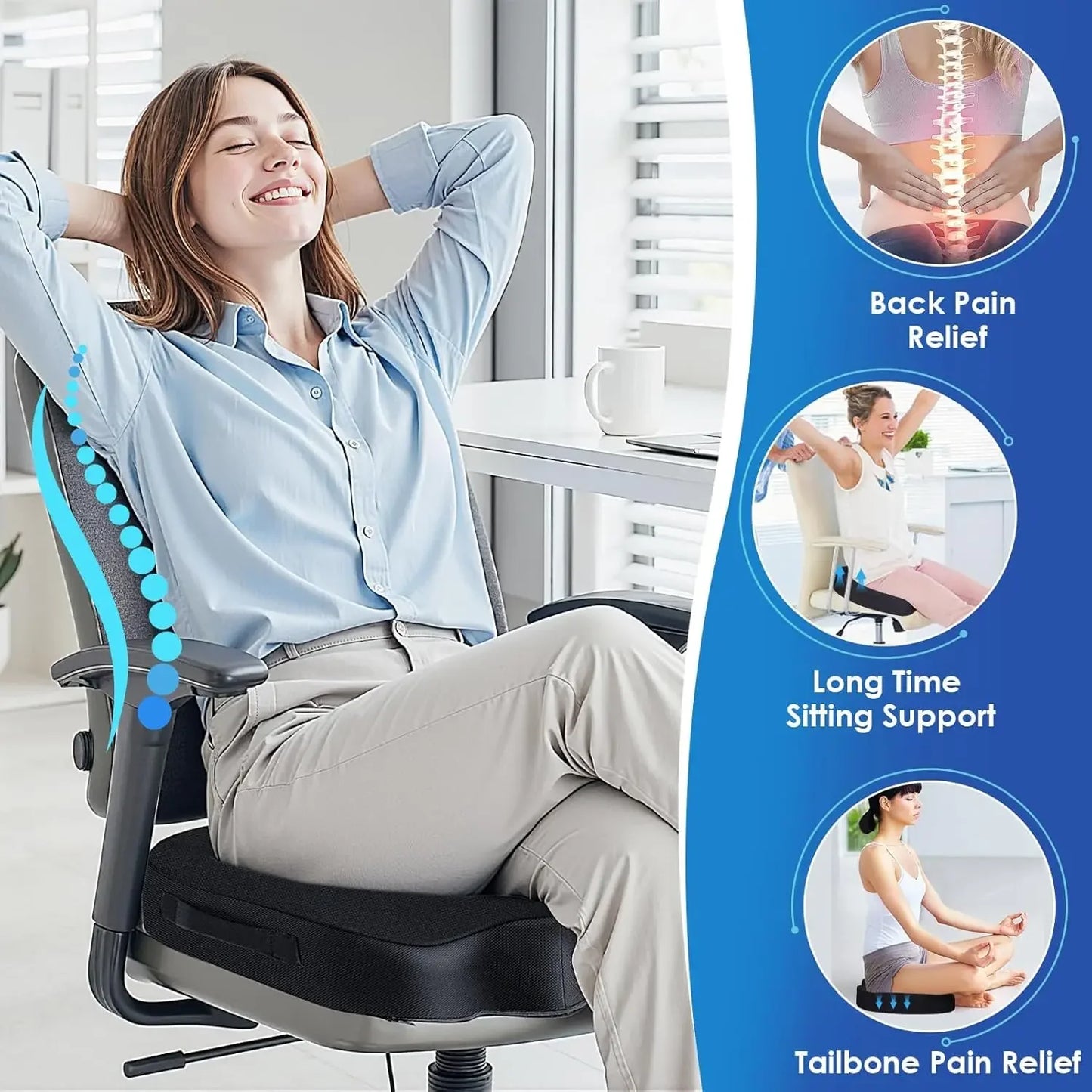 Memory Foam Seat Cushion for Office Chair, Car, Wheelchair - Non-Slip, Pain Relief for Back and Sciatica Peaceful Pleasures Health and Wellness