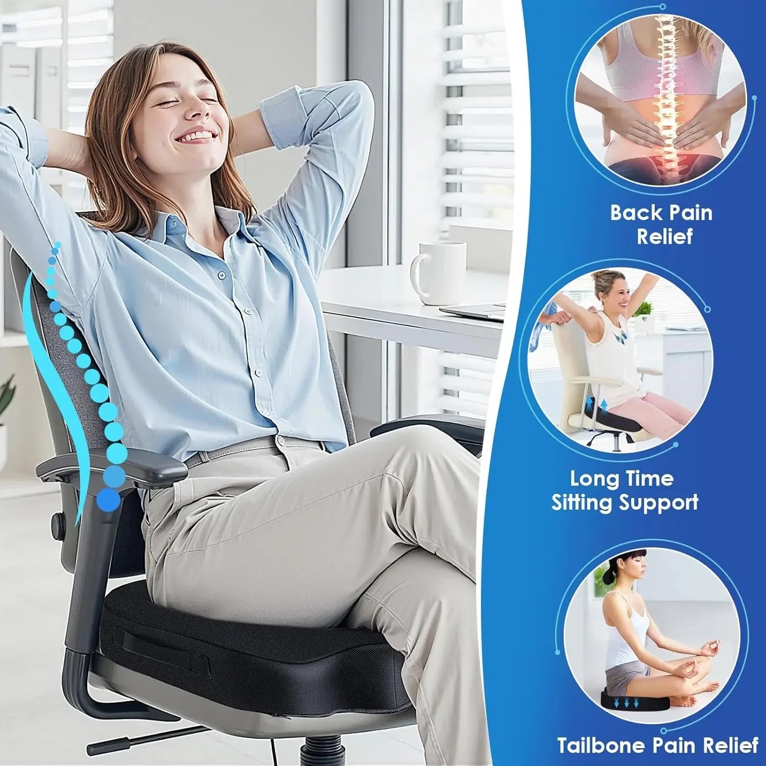 Memory Foam Seat Cushion for Office Chair, Car, Wheelchair - Non-Slip, Pain Relief for Back and Sciatica Peaceful Pleasures Health and Wellness