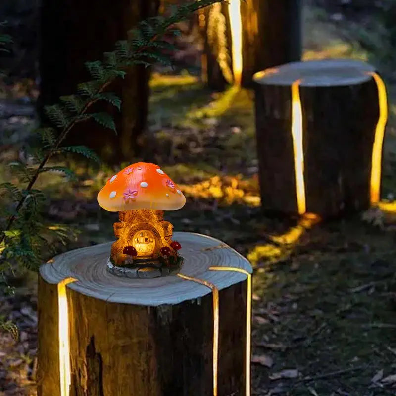 Garden Solar Mushroom Decor LED Light up Solar Figurine Mushroom House Yard Cottage Decoration Outside Resin Statue Waterproof Peaceful Pleasures Health and Wellness