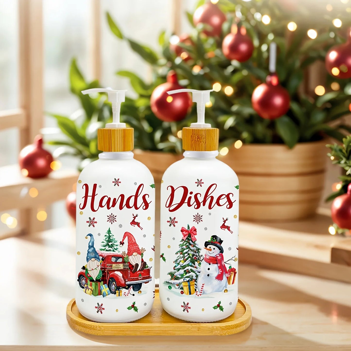 Christmas Gnome Soap Dispenser Set of 2 with Tray – Festive Xmas Kitchen & Bathroom Holiday Decor